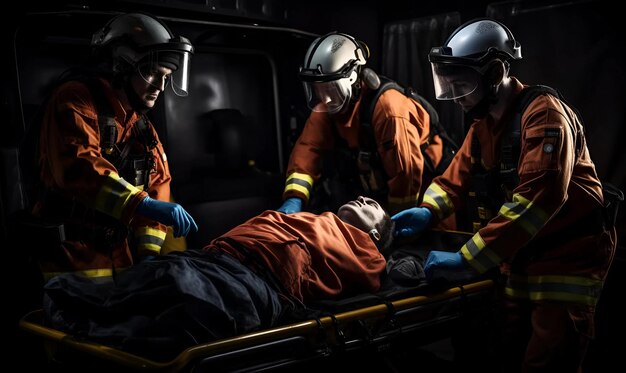 Photo trois ambulanciers prennent strecher de l'ambulance dans beaucoup d'arrière-plan de la circulation