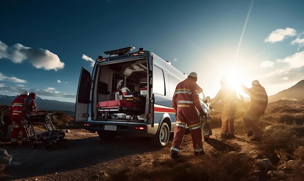 Trois ambulanciers prennent Strecher de l'ambulance dans beaucoup d'arrière-plan de la circulation