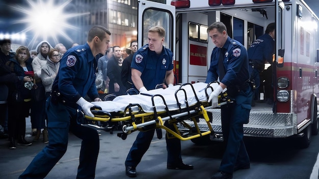 Photo trois ambulanciers qui sortent strecher de l'ambulance