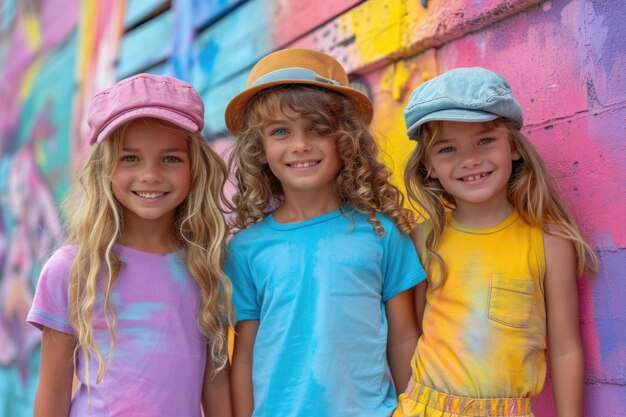 Trois amies joyeuses en vêtements colorés qui s'amusent pendant les vacances d'été à l'extérieur