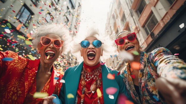 Trois amies rient joyeusement en s'étreignant dans une rue de la ville.