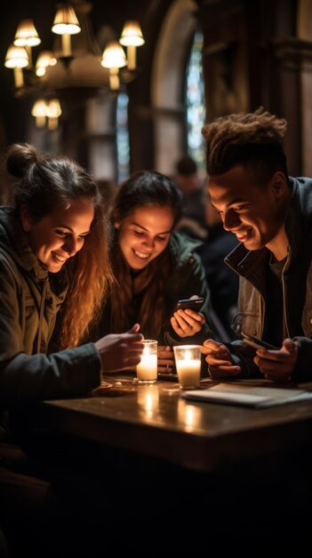 Trois amis assis à une table dans un restaurant en train de regarder leurs téléphones