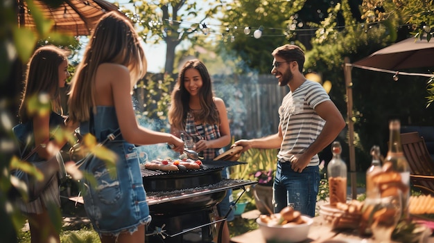 Photo trois amis font un barbecue dans le jardin. ils grillent des saucisses et des légumes.