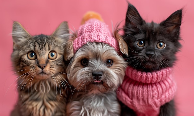 Trois amis heureux chiots et chatons portant des chapeaux et des vêtements tricotés sur un fond rose