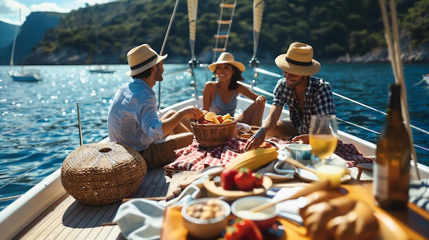 Trois amis profitent d'un pique-nique sur un bateau ils mangent boivent et parlent le bateau est ancré dans une baie calme