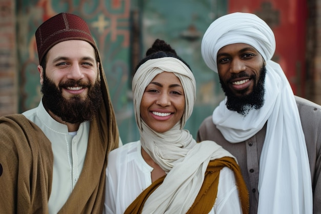 Photo trois amis de religions différentes se tiennent heureux ensemble