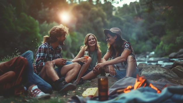 Photo trois amis sont assis autour d'un feu de camp en train de rire et de parler, ils boivent du vin et mangent du fromage, le soleil se couche en arrière-plan.