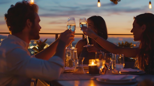 Trois amis sont assis à une table sur un toit à profiter du coucher de soleil