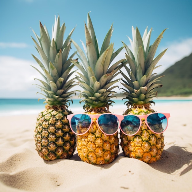 Trois ananas avec des lunettes de soleil dans le sable