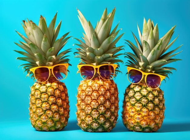 Trois ananas avec des lunettes de soleil sur fond bleu