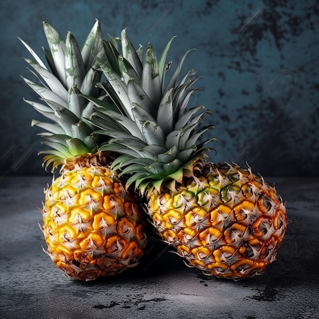 Trois ananas sont sur une table avec un fond vert