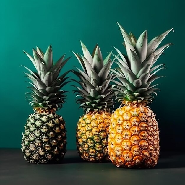 Trois ananas sont sur une table avec un fond vert