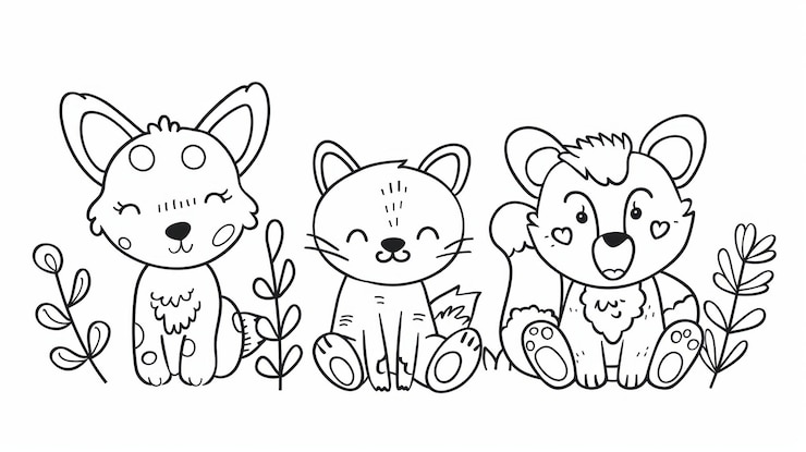 Photo trois animaux de dessins animés assis parmi les plantes