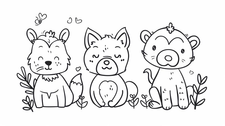 Photo trois animaux de dessins animés avec des cœurs et des fleurs