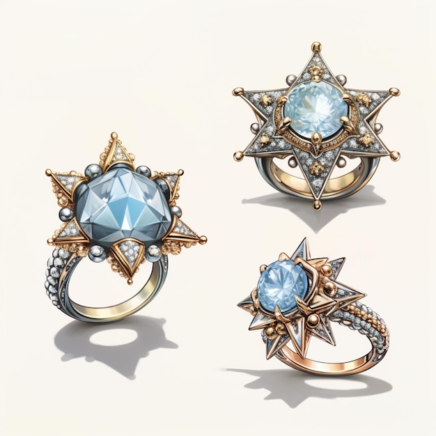 trois anneaux différents avec des pierres bleues et des diamants sur une surface blanche générative ai.