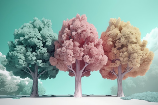 Trois arbres 3d pastel Générer Ai