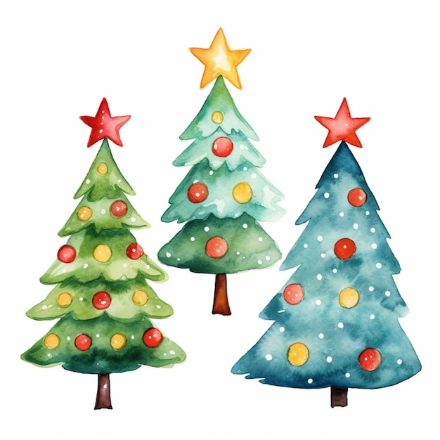 Trois arbres de Noël à l'aquarelle avec des étoiles et des flocons de neige