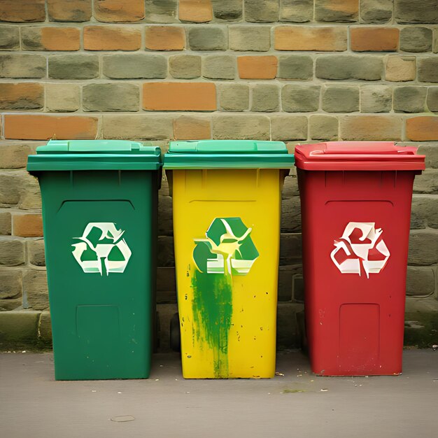 Photo trois bacs à ordures sont alignés, l'un a un logo de recyclage vert