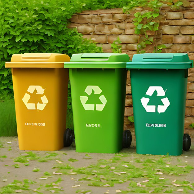 trois bacs à ordures verts et jaunes avec un qui dit recyclable