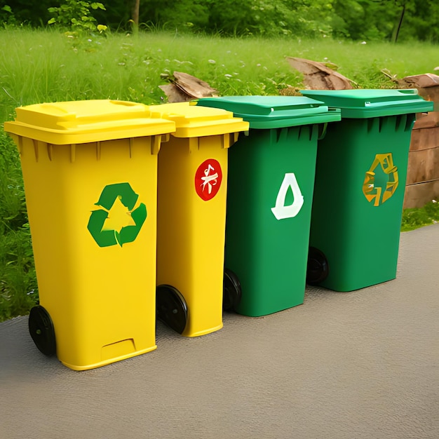 trois bacs de recyclage verts et jaunes avec un qui dit recycle