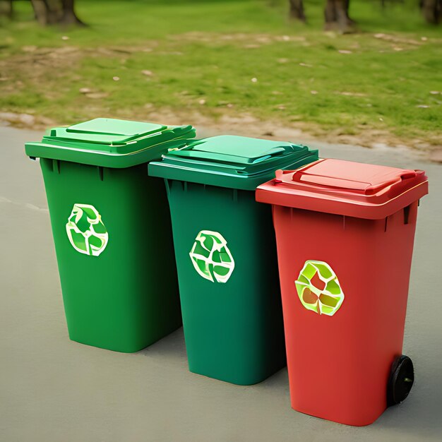 trois bacs de recyclage verts et rouges avec un logo vert sur eux