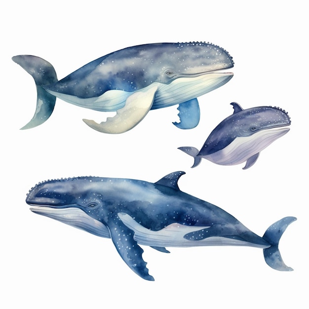 Trois baleines dans un style aquarelle.