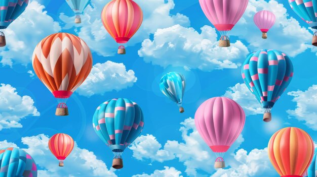 Trois ballons à air chaud 3D réalistes et colorés dans le ciel bleu avec des nuages blancs Motif sans couture d'avions bleu rose et orange avec panier