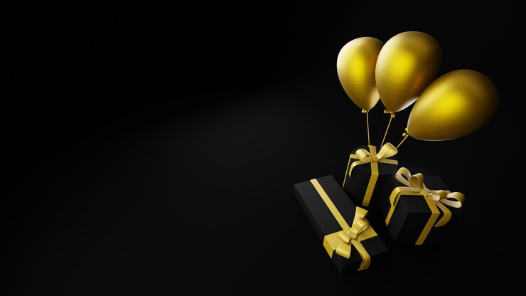 Photo trois ballons et coffrets cadeaux noirs vue de dessus black friday3d render
