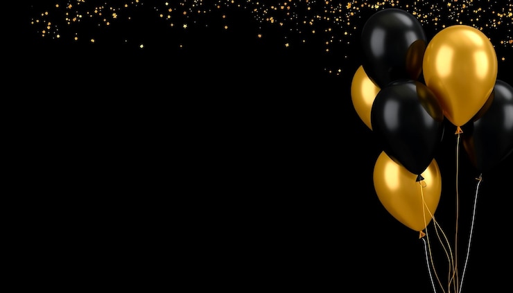 Photo trois ballons noirs et jaunes sur fond doré et blanc