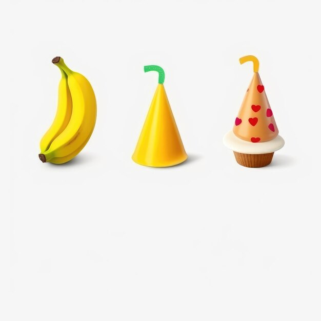 Trois bananes et un cupcake avec une banane sur le dessus.