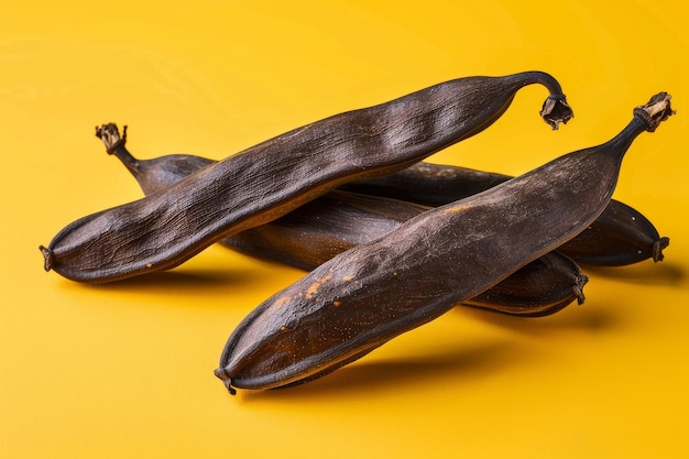 Trois bananes sur une table jaune