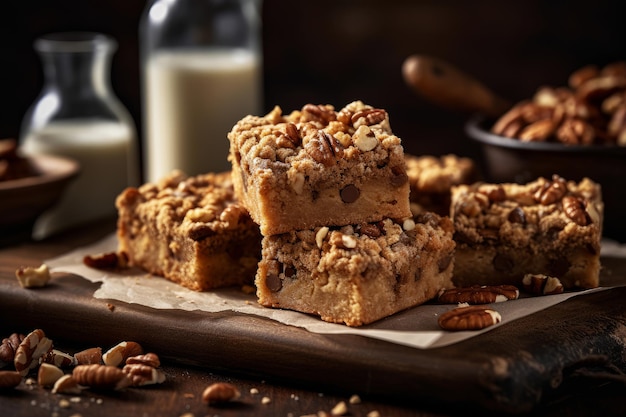 Trois barres de noix de pécan sur une planche de bois avec une bouteille de lait derrière eux.