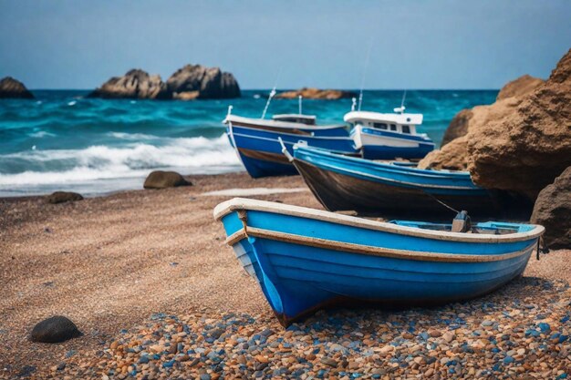 Photo trois bateaux sont sur la plage et l'un est bleu.