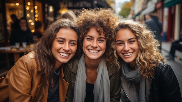 trois beaux jeunes amis souriant ensemble dans la ville