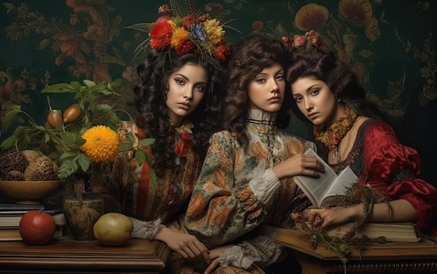 Trois beaux modèles avec des coiffures élégantes posant dans des vêtements de style rétro et des bijoux de luxe coûteux coiffure victorienne Ai générative