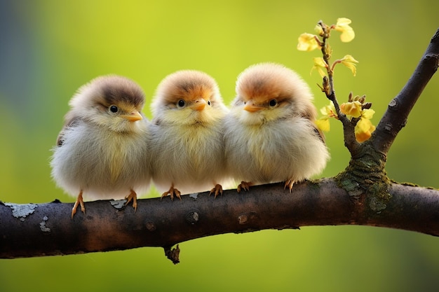 Trois bébés oiseaux mignons sur une branche d'arbre