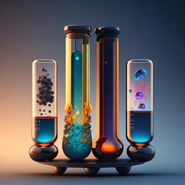 Photo trois béchers contenant différents liquides, un avec un liquide bleu et orange à l'intérieur.