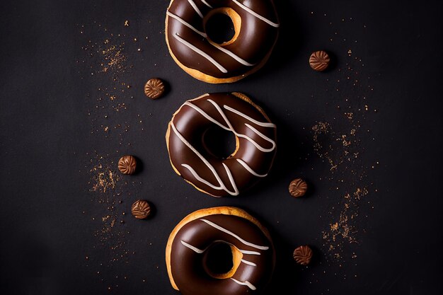 Trois beignets au chocolat et glaçage blanc sur une surface noire