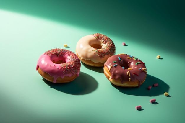 Trois beignets avec glaçage rose et arrose sur fond vert.