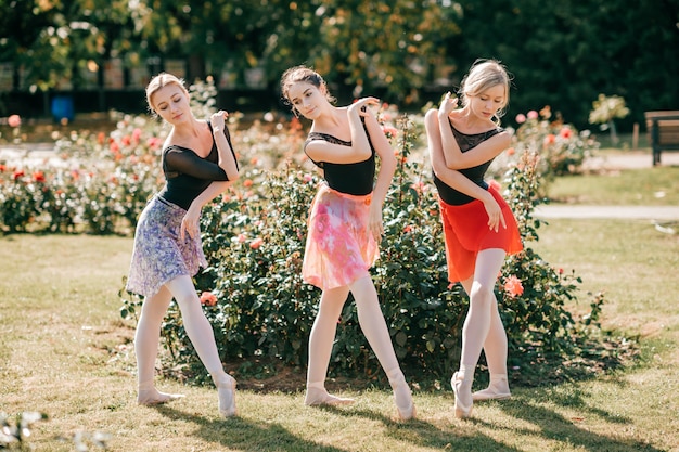 Trois belles ballerines dansant et en équilibre sur la lumière du soleil dans le parc d'été