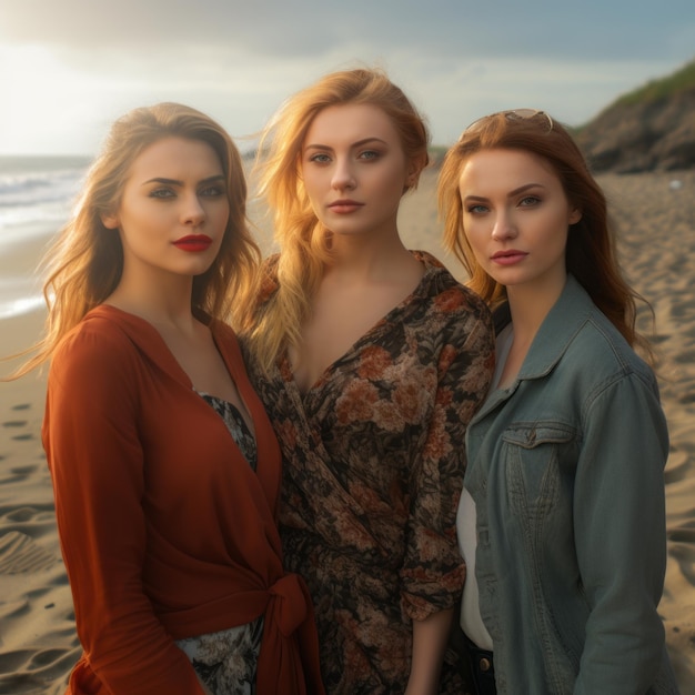 trois belles filles posant sur la plage