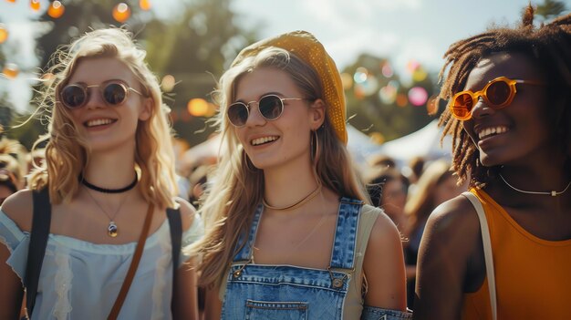 Trois belles jeunes femmes apprécient un festival de musique elles portent toutes des lunettes de soleil et sourient