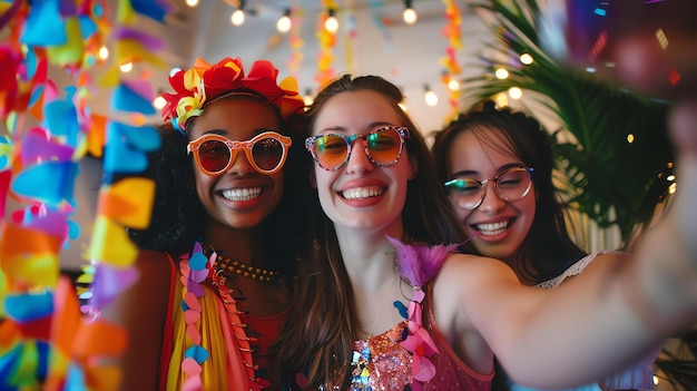 Trois belles jeunes femmes célèbrent une fête d'anniversaire elles portent des vêtements colorés et des lunettes de soleil