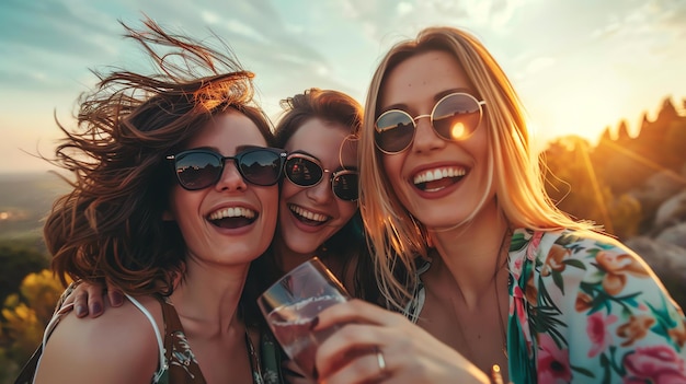 Trois belles jeunes femmes profitent d'un pique-nique au coucher du soleil elles sourient et rient et l'une d'elles tient un verre de vin