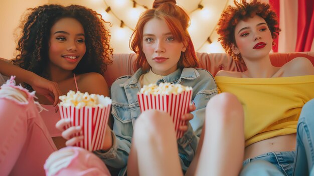 Trois belles jeunes femmes sont assises sur un canapé à manger du pop-corn et à regarder un film.