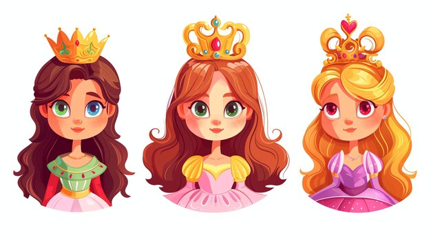 Trois belles princesses avec des couronnes sur leurs têtes les princesses ont des couleurs de cheveux et d'yeux différentes elles portent toutes des robes roses