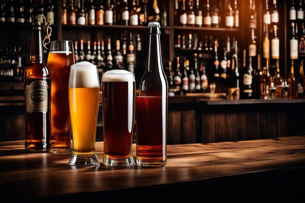 Photo trois bières sont sur un bar avec une bouteille de bière