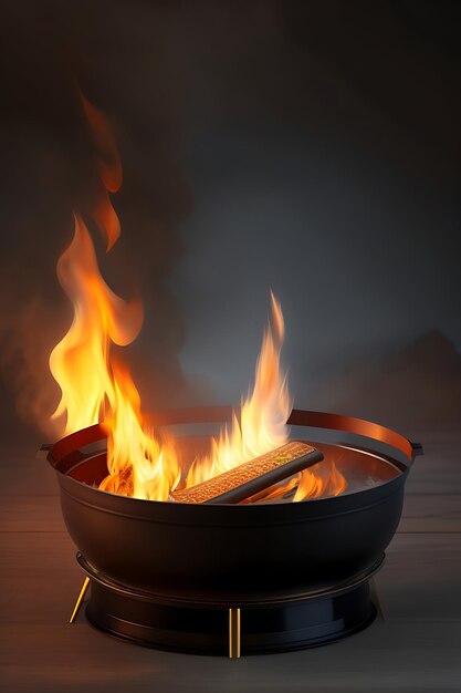 Trois billettes en feu à l'intérieur d'un brasero métallique. Feu de flammes