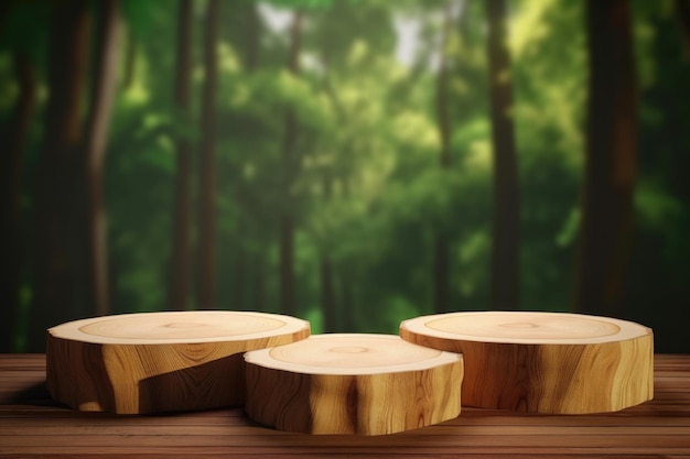 Trois blocs de bois sur une table devant un fond de forêt