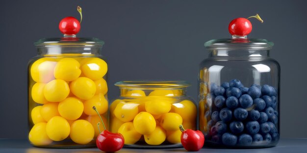 Trois bocaux en verre avec des fruits